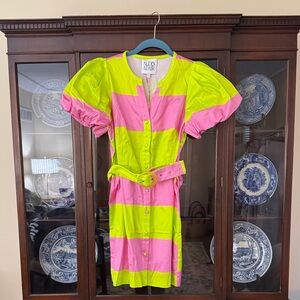 Alden Adair Neon Pink & Lime Stripe Mini Dress with Belt